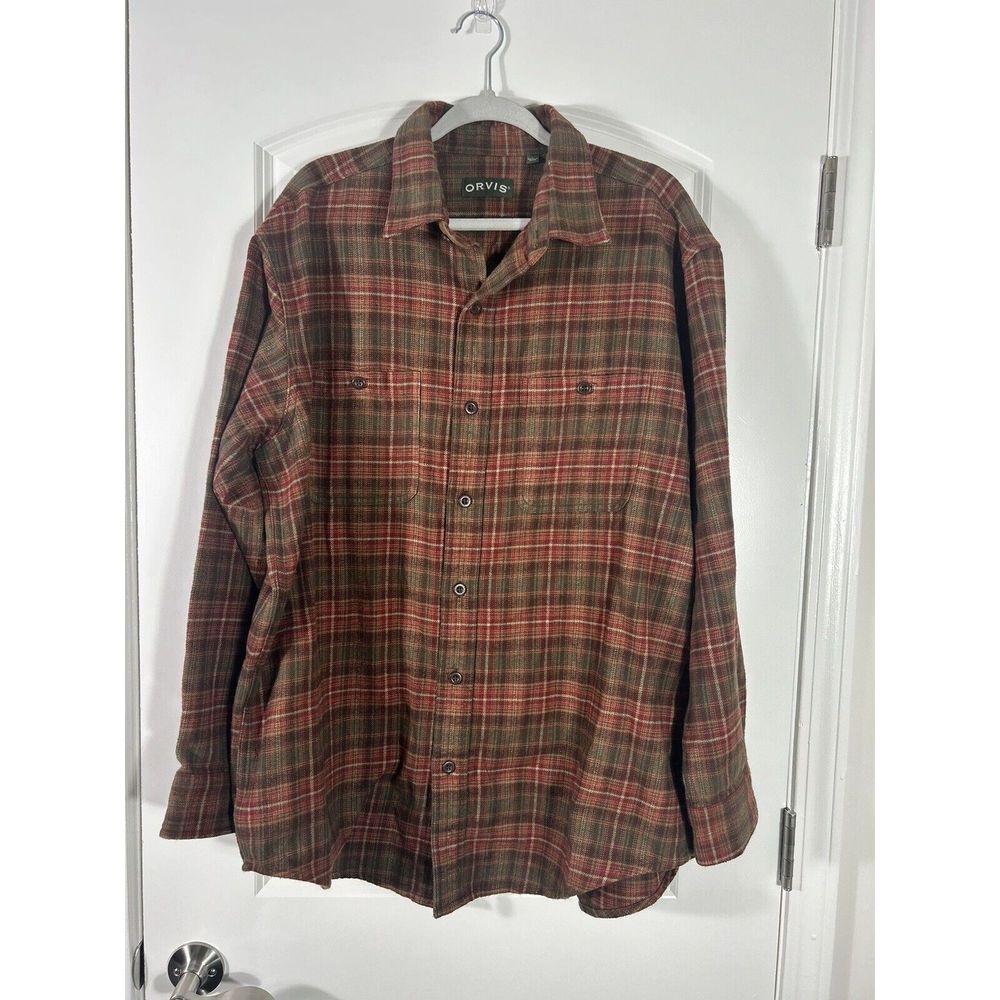 Orvis Men’s Heavyweight Flannel Shirt Plaid 100% Cotton Red Green Brown Sz L
